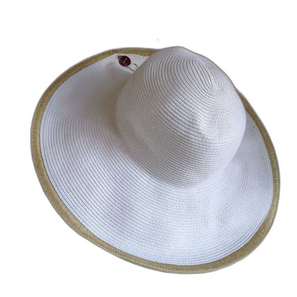 Packable Travel Floppy Straw Hat Wide Brim White with Tan Edge Vacation Cruise - Picture 5 of 11
